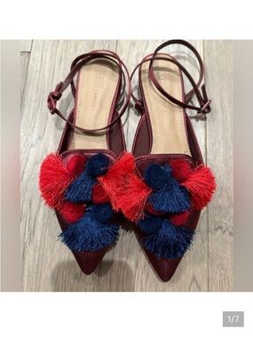 Asos Red and Blue Pom Pom Ballet Strappy Flats/Size 7